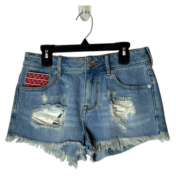 Kendall‎ & Kylie Blue Denim Distressed Bohemian High Rise Jean Shorts Size 1 - Picture 1 of 8